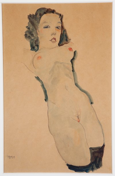 Leżąc nago z czarnymi pończochami; Leżący akt w czarnych pończochach, 1911 autorstwa Egon Schiele