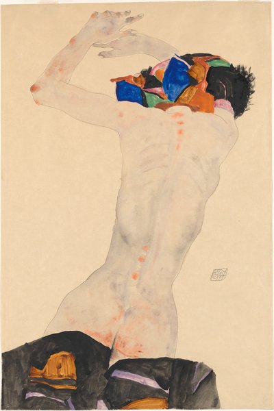 Rückenakt mit buntem Tuch Nude z tyłu z kolorową tkaniną, 1911. autorstwa Egon Schiele
