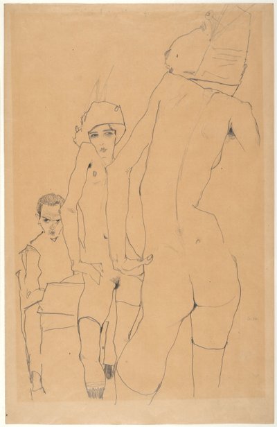 Schiele z nagą modelką przed lustrem autorstwa Egon Schiele