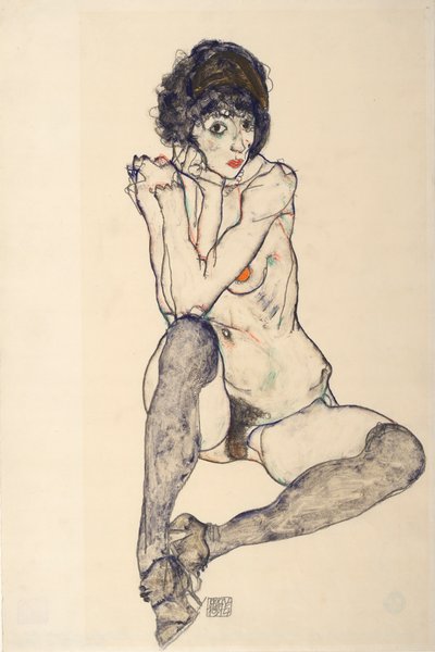 Siedząca kobieta nago, łokcie spoczywające na prawym kolanie, 1914. autorstwa Egon Schiele