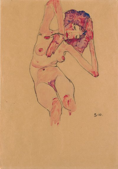 Siedząca kobieta nago z pochyloną głową i podniesionymi rękami; Siedzący nagi z pochyloną głową i podniesionymi rękami, 1910 autorstwa Egon Schiele
