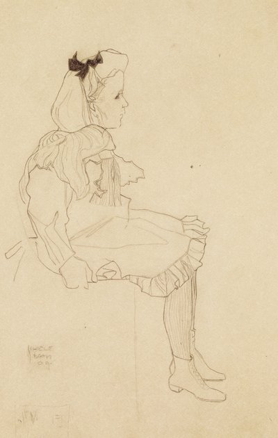 Siedząca dziewczyna z kokardą we włosach, 1909 autorstwa Egon Schiele