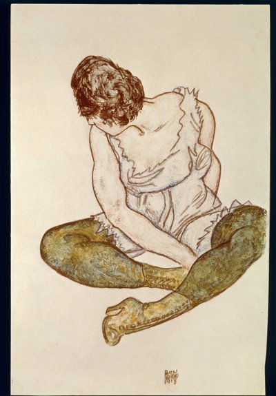 Siedząca kobieta w zielonych pończochach ... (akwarela i czarna kredka) autorstwa Egon Schiele