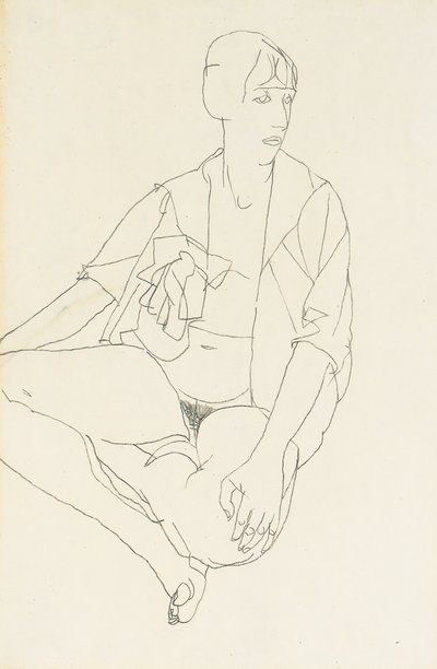 Akt kobiecy w pozycji siedzącej z rozpiętą bluzką, 1913 autorstwa Egon Schiele