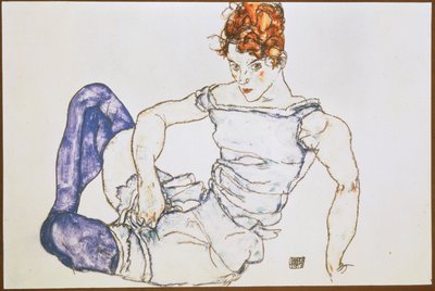 Siedząca kobieta w fioletowych pończochach ... (gwasz i czarna kredka) autorstwa Egon Schiele