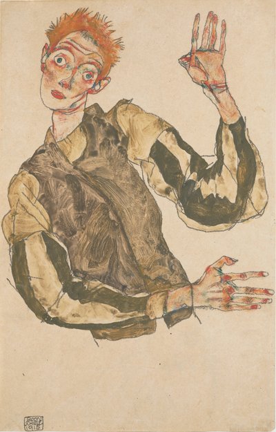 Autoportret w pasiastych ochraniaczach rękawów autorstwa Egon Schiele