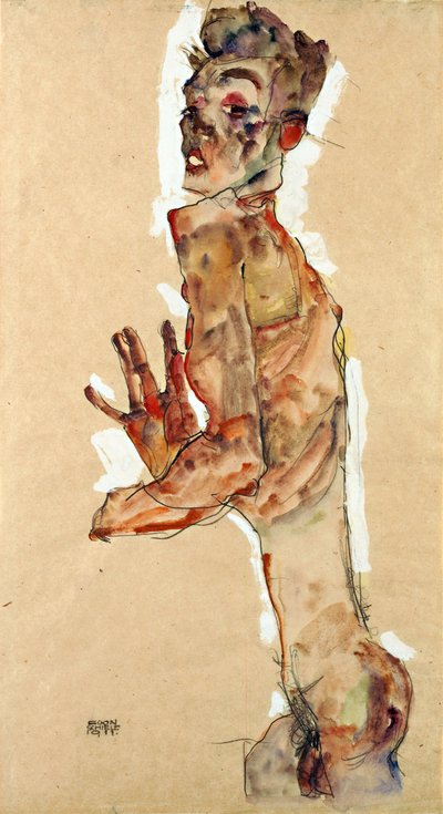 Autoportret z rozstawionymi palcami - Schiele, Egon (1890-1918) - 1911 - Czarna kreda, gwasz na papierze - 52,5x28 - Muzeum Leopolda, Wiedeń autorstwa Egon Schiele