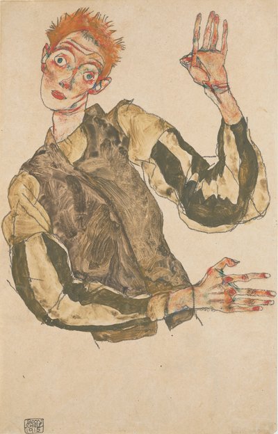 Autoportret z naramiennikami w paski, 1915 autorstwa Egon Schiele