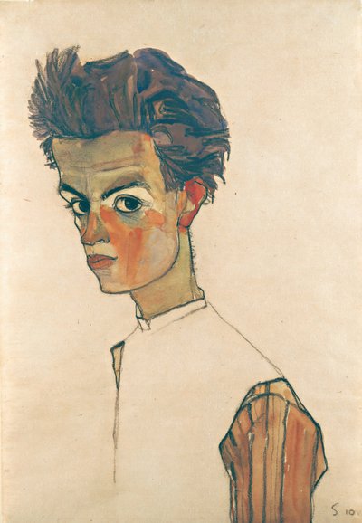 Autoportret z koszulą w paski, 1910 (grafit i wc na papierze) autorstwa Egon Schiele