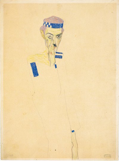 Autoportret z opaską na głowę w niebieską kratkę, 1909. autorstwa Egon Schiele