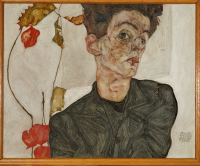 Autoportret z chińską latarnią i owocami (obraz na drewnie) autorstwa Egon Schiele
