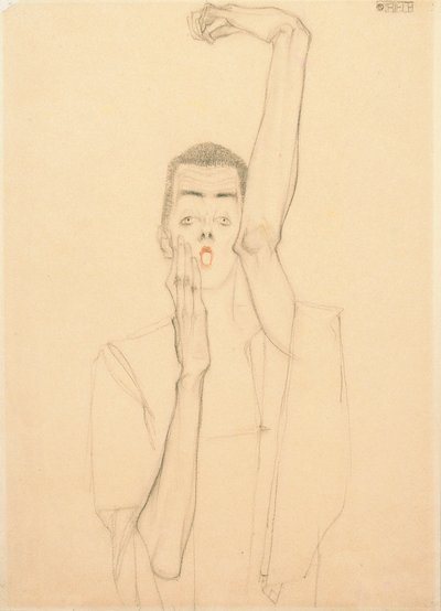 Autoportret z uniesionym ramieniem i czerwonymi ustami autorstwa Egon Schiele