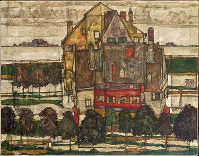 Domy jednorodzinne (Domy z Górą) 1915 (olej na płótnie) autorstwa Egon Schiele