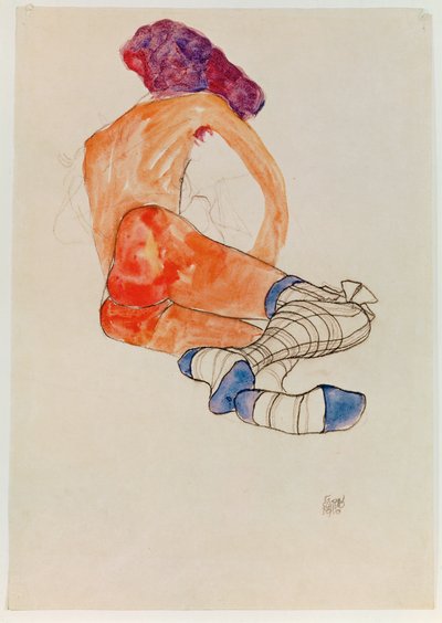 Akt kobiecy w pozycji siedzącej z niebieską podwiązką, od ... (gwasz, akwarela i węgiel) autorstwa Egon Schiele