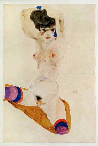 Siedząca naga dziewczyna z głową ... (akwarela i ołówek) autorstwa Egon Schiele