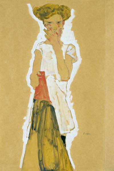 Stojąca dziewczyna w białej halce autorstwa Egon Schiele