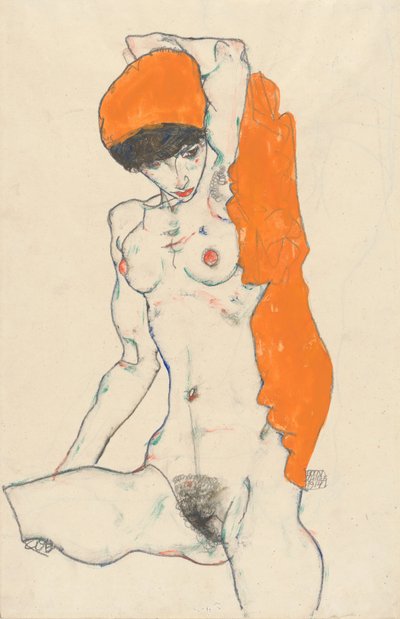 Akt stojący z pomarańczową draperią, 1914 (wc, gwasz i grafit na papierze) autorstwa Egon Schiele
