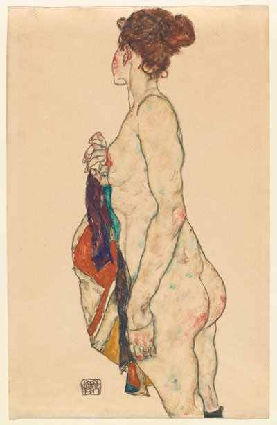 Stojący akt we wzorzystej szacie, 1917 autorstwa Egon Schiele