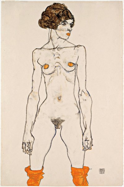 Stojąca młoda kobieta nago w pomarańczowych pończochach autorstwa Egon Schiele