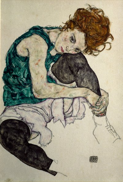 Żona artysty, ok. 1917 (gwasz, akwarela i czarna kredka na papierze) autorstwa Egon Schiele