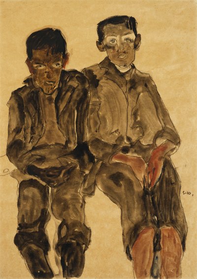 Dwóch siedzących chłopców; Dwóch siedzących chłopców, 1910 autorstwa Egon Schiele