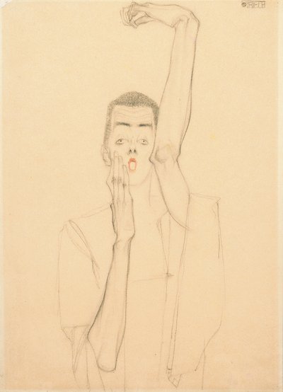 Młody człowiek z podniesioną ręką i czerwonymi ustami; Autoportret z podniesioną lewą ręką i czerwonymi ustami, 1909 autorstwa Egon Schiele
