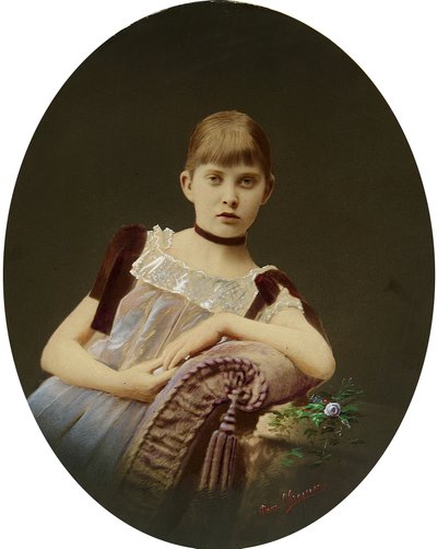 Portret dziewczynki. Fotografia żelatynowa srebrna, gwasz, Egor Maximovich Ovcharenko (?-1902) autorstwa Egor Maximovich Ovcharenko