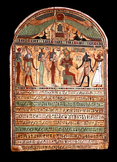 Starożytność egipska: stela grobowa arcykapłana: Ozyrys wita zmarłego obecnego w Anubis, za nim bóstwa Izyda, Neftyda (Neftyda lub Neftis), Horus, Hathor. III-II wiek p.n.e. turyn, muzeum egipskie - antyki egipskie: stela grobowa autorstwa Egyptian
