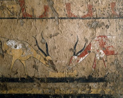 Starożytność egipska: hodowla betaila. Fresk nagrobny królowej Neferou III. XII dynastia. 2200-2000 pne. Z El Ghebelen. Turyn, muzeum egipskie autorstwa Egyptian 12th Dynasty