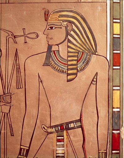 Amenhotep II (ok. 1427-1392 pne) z ankh podniesionym do ust, z komory sarkofagu w jego grobowcu, Nowe Królestwo (malowany wapień) autorstwa Egyptian 18th Dynasty