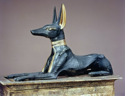 Anubis, egipski bóg zmarłych ze skrzyni w formie świątyni, z grobowca Tutanchamona (ok. 1370-52 pne) Nowe Królestwo (drewno) (patrz także 63054) autorstwa Egyptian 18th Dynasty