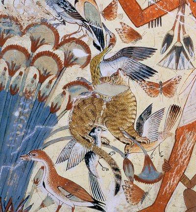 Fragment obrazu kota z Nebamuna polującego na bagnach z żoną córką, fragment malowidła ściennego z kaplicy grobowej Nebamuna, Teby, Nowe Państwo, ok. 1350 pne autorstwa Egyptian 18th Dynasty