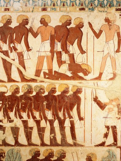Fragment fresków przedstawiających armię otrzymującą racje żywnościowe z Grobowca Userhat (TT56) autorstwa Egyptian 18th Dynasty