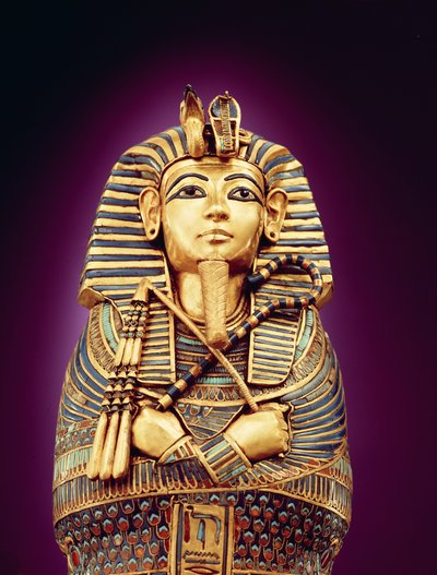 Fragment widoku z przodu jednej z trumien kanopskich, z grobowca Tutanchamona, Nowe Królestwo (pobite złoto inkrustowane kolorowym szkłem i gzymsem) autorstwa Egyptian 18th Dynasty