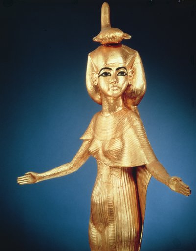 Szczegół bogini Selket z sanktuarium kanopskiego, z grobowca Tutanchamona, Nowe Państwo (złocone drewno) autorstwa Egyptian 18th Dynasty