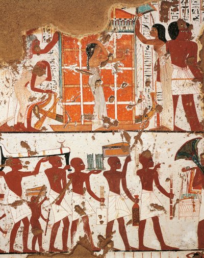 Egypti, Thebes, El-Khokhan nekropolisin aatelisten laakso, Nebamonin ja Ipoukyn hauta, yksityiskohta freskoista, jotka kuvaavat hautauskorteenia ja leskeä kuolleen Puolan katafalkilla autorstwa Egyptian 18th Dynasty