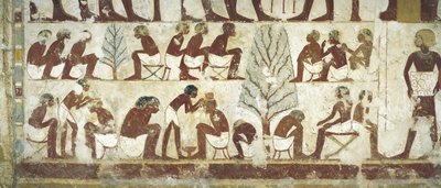 Egipt, Teby, Luksor, Szejk Abd al-Gurna, Grobowiec królewskiego pisarza Userhata, Przedsionek, Malowidła ścienne, Fryzjerzy przy pracy pod jaworami autorstwa Egyptian 18th Dynasty