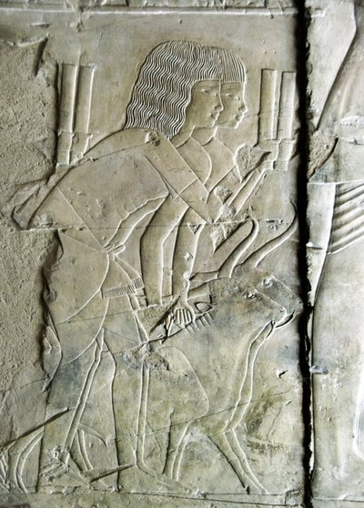 Egipski antyczny: łączy z grobu Kha em Het (Khaemhat) inspektora strychów i skryby z dworem Amenophisa III (TT57) reprezentującego mężczyzn składających w ofierze głowy buraków. XVIII dynastia. 1530-1290 pne. Dolina Szlachty. Luksor, Zachodni Brzeg, Eg autorstwa Egyptian 18th Dynasty
