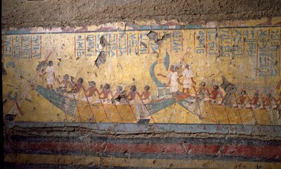 Starożytność egipska: fresk nagrobny malarza Mai, pielgrzymka łodzią do Abydos, cytat z Ozyrysa. XVIII dynastia. Z Kaplicy Maia, Deir el-Medineh (el Medineh), Nowe Imperium Wym. 67 cm Turyn, Muzeum Egipskie autorstwa Egyptian 18th Dynasty
