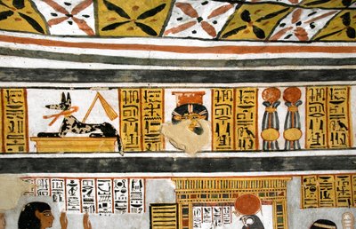Starożytność egipska: przedstawienie Anubisa, Hathor i hieroglifów. Malowanie grobowca Roy autorstwa Egyptian 18th Dynasty