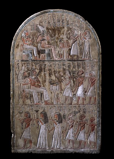 Starożytność egipska: stela małżeństwa Majów, nieistniejąca już oferta prezentów dla bogów. XVIII dynastia. Z Kaplicy Maia, Deir el-Medineh (el Medineh), Nowe Imperium Wym. 67 cm Turyn, Muzeum Egipskie autorstwa Egyptian 18th Dynasty