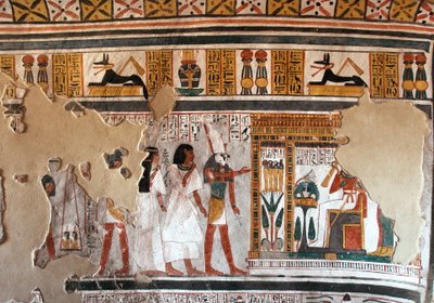 Egipskie antyki: Horus prowadzi Roya i jego żonę do Ozyrysa. Fragmenty fresku z Grobowca Roya (TT255). XVIII dynastia. Z Zachodniego Brzegu Luksoru, Egipt autorstwa Egyptian 18th Dynasty