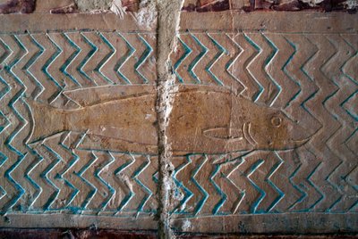 Ryby, sceny z królestwa Punt, południowa ściana centralnej kolumnady, świątynia grobowa Hatszepsut, Deir el-Bahari, nekropolia tebańska (lista światowego dziedzictwa UNESCO) autorstwa Egyptian 18th Dynasty