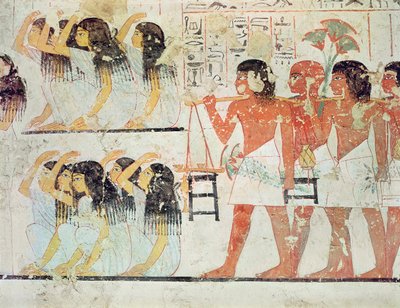 Grupa żałobników w procesji pogrzebowej Ramose, z kaplicy grobowej Ramose, Nowe Królestwo, ok. 1360 pne (malowidło ścienne) autorstwa Egyptian 18th Dynasty