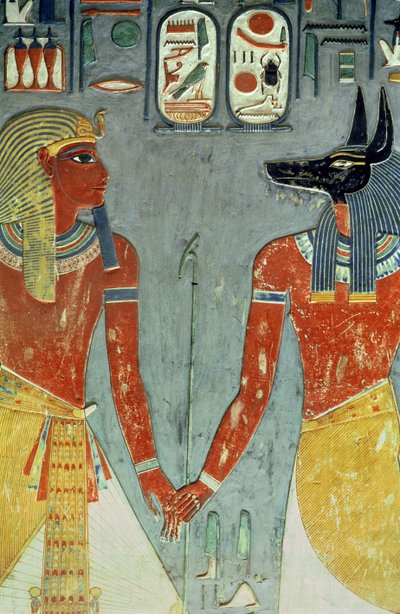Horemheb i Anubis, z grobowca Horemheba (ok. 1323-1295 pne) Nowe Królestwo (malarstwo ścienne) autorstwa Egyptian 18th Dynasty