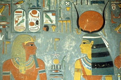 Horemheb i Hathor, z grobowca Horemheba (ok. 1323-1295 pne) Nowe Królestwo (malarstwo ścienne) (szczegóły z 218340) autorstwa Egyptian 18th Dynasty