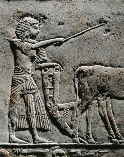 Horemheb orzący ziemię na Polach Iaru, relief z grobowca Horemheba w Sakkarze, detal autorstwa Egyptian 18th Dynasty