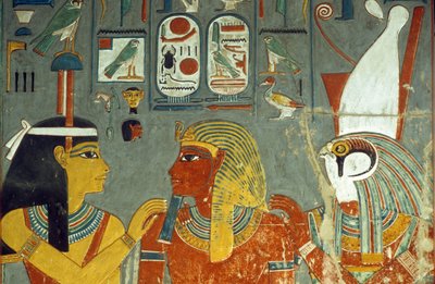 Horus, Horemheb i Hathor, z grobowca Horemheba (ok. 1323-1295 pne) Nowe Królestwo (malarstwo ścienne) autorstwa Egyptian 18th Dynasty