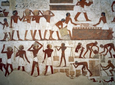 Mężczyźni przy pracy, fragment fresków w grobowcu Rekhmire, Nekropolia Szejka Abd el Qurnah, Luksor, Teby (lista światowego dziedzictwa UNESCO autorstwa Egyptian 18th Dynasty