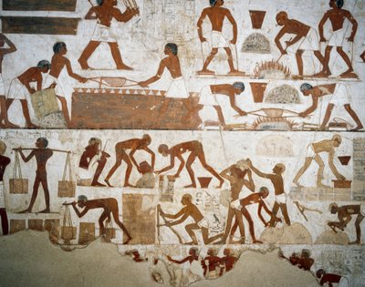Obróbka metalu i produkcja cegieł, detal z fresków w Grobie Rekhmire, Nekropolia Szejka Abd el Qurnah, Luksor, Teby (Lista Światowego Dziedzictwa UNESCO autorstwa Egyptian 18th Dynasty